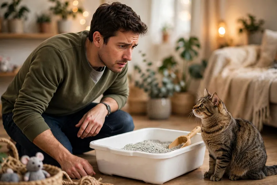 Owner watching a tabby cat beside a clean litter box, checking for signs of diarrhea