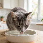 Gray cat drinking fresh water from a bowl to stay hydrated during diarrhea