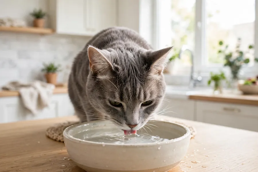 Gray cat drinking fresh water from a bowl to stay hydrated during diarrhea