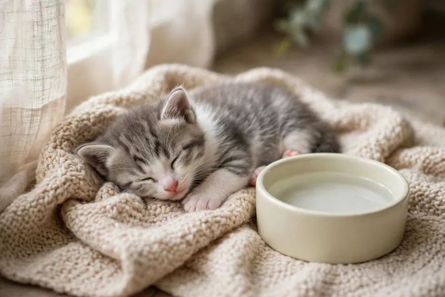 Tiny kitten resting on a blanket beside a water bowl, needing extra care during diarrhea