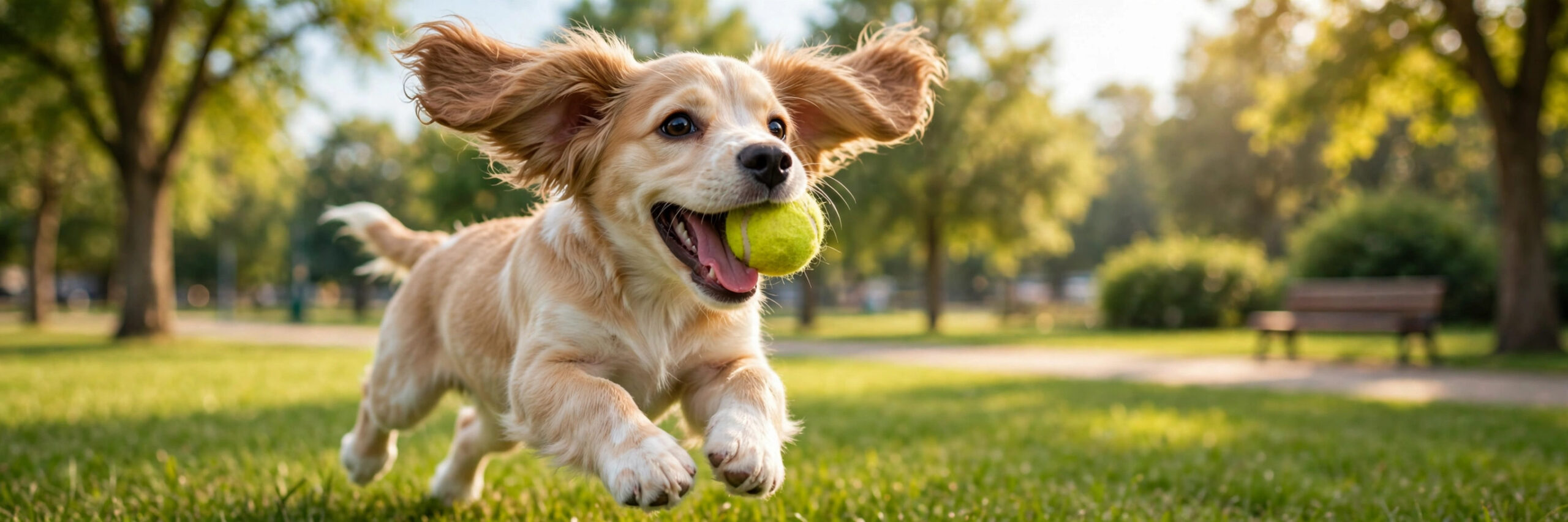 Happy puppy playing with a tennis ball